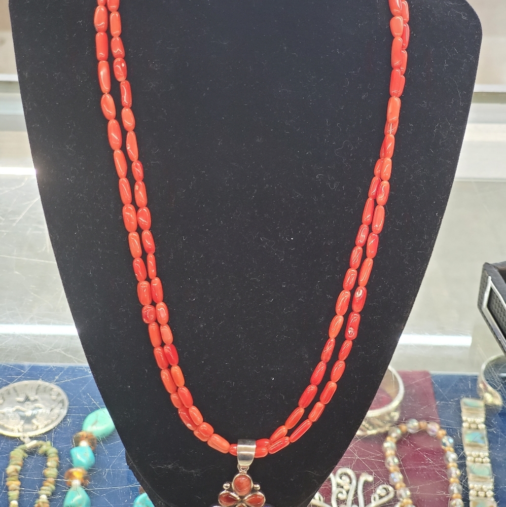 Red coral  necklace with sterling silver pendant a